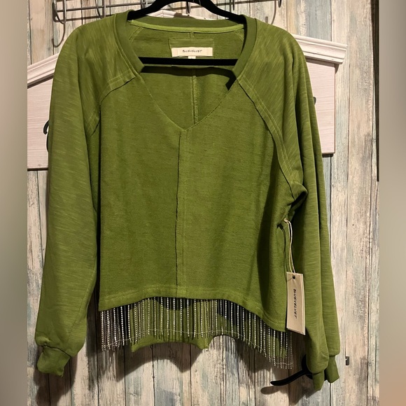 Bluevelvet Tops - BlueVelvet Green Knit Top with Fringe Detail